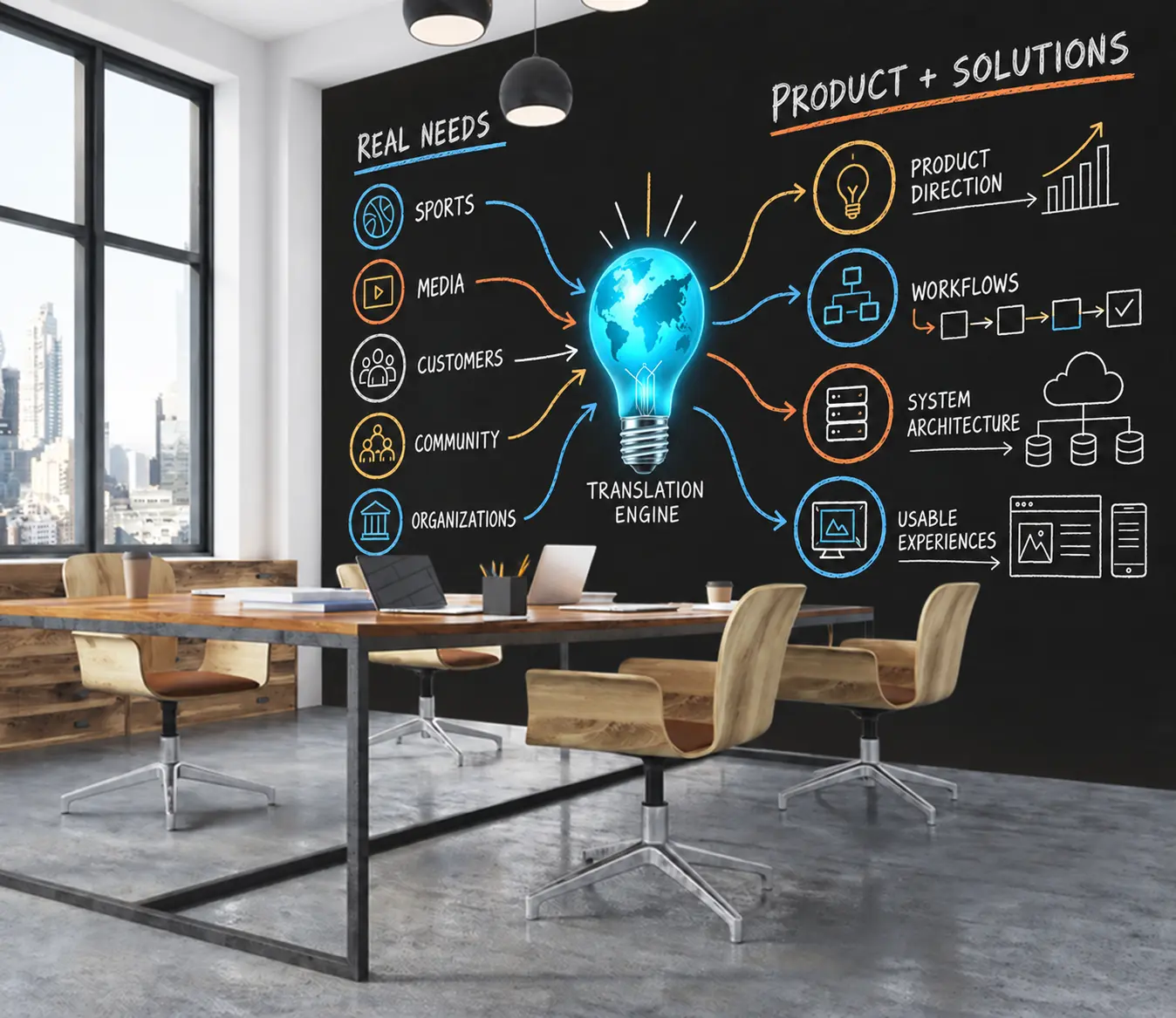 Product and solutions strategy wall showing real needs translated into product direction, workflows, system architecture, and usable experiences